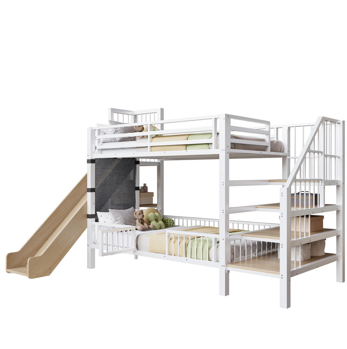 ETAGENBETT aus Metall 90x200 cm in Weiß mit Rutsche & Stauraumtreppe - Weiß, Metall (90/200cm) - Modfu