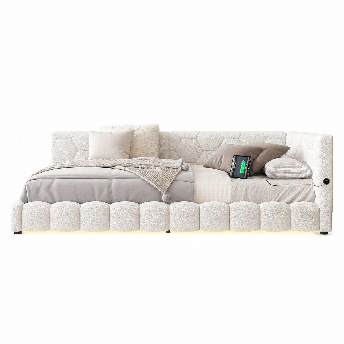 SCHLAFSOFA 90/200 cm in Weiß mit LED, USB und Type-C - Weiß, Holzwerkstoff/Textil (90/200cm) - CHICFURN
