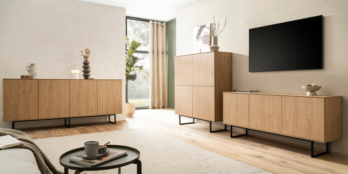 WOHNWAND Stone Eiche, Wohnkombination 2-teilig 280 cm, mit Push-to-Open - Eichefarben/Schwarz, Holzwerkstoff/Metall (280/137/40cm) - Furn.Design