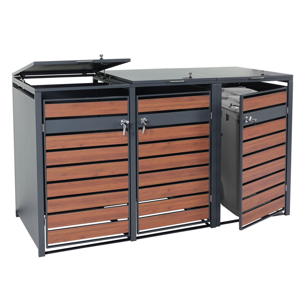 MÜLLTONNENBOX 3er/6er XL 117x215x98cm Metall 95kg Anthrazit Kirsche-Holzoptik Dunkelbraun - Kirschbaumfarben, Metall (215/117/98cm) - PROREGAL