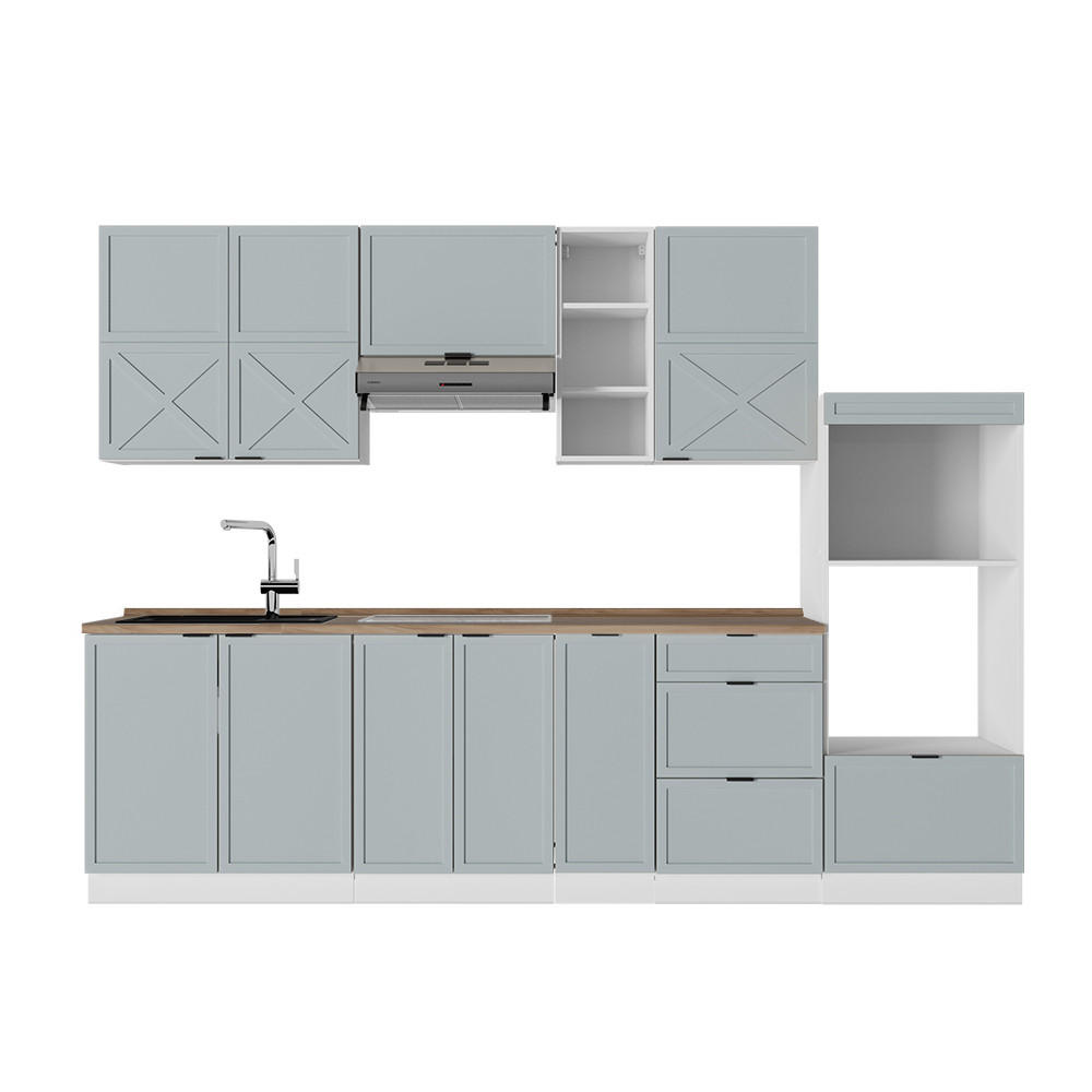KÜCHENZEILE Fame-Line Hellblau-grau/Weiß 280 cm, AP Eiche - Blaugrau/Weiß, Holzwerkstoff (280/81.6/60cm) - Vicco