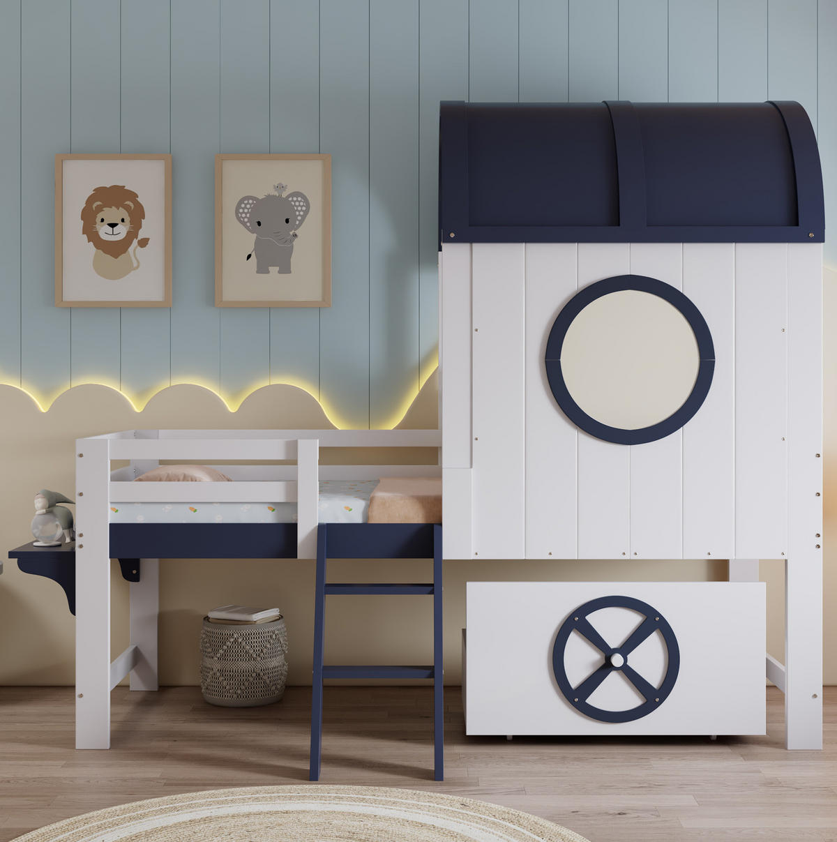 HALBHOHES Kinderbett 90/200 cm mit Dach, Fenster, Schublade und Schrägleiter aus Kiefer/MDF, Weiß/Dunkelblau - Weiß, Holzwerkstoff (90/200cm) - Redom