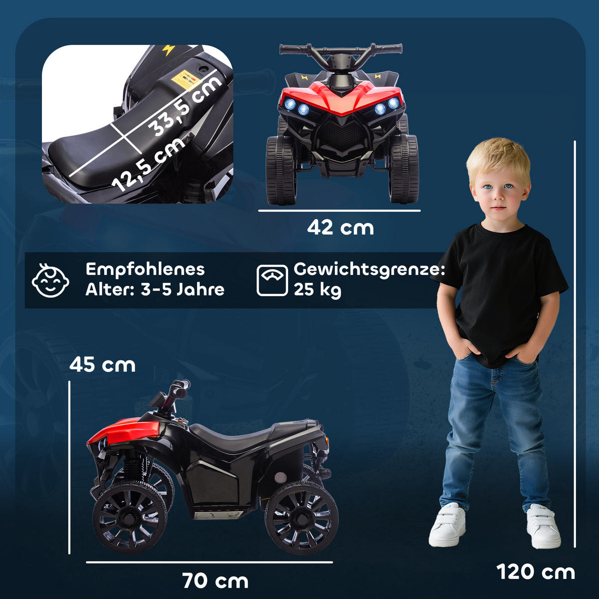 KINDER-ELEKTROQUAD 6V Kinderquad mit Vorwärts-, Rückwärtsfunktion, Musik - Rot, Metall (70/42/45cm) - AIYAPLAY