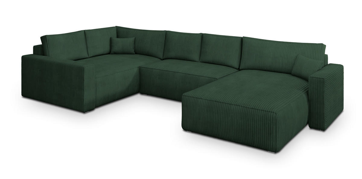 WOHNLANDSCHAFT VELAMI L-S Grün Kordstoff mit Schlaffunktion - Grün, Holz (365/83/194cm) - MASSENO