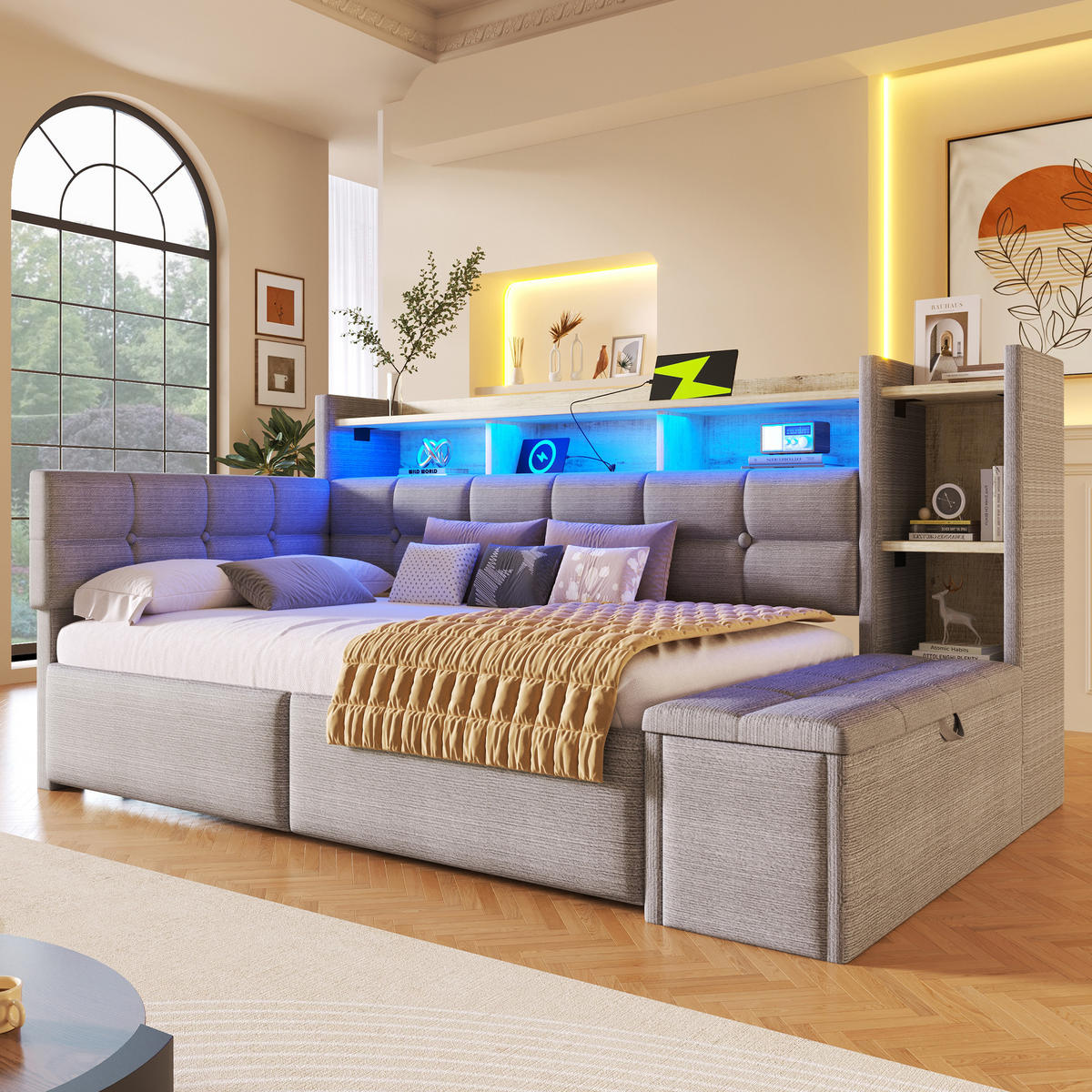 TAGEBETT 90x190cm Grau Samt 2 Schubladen USB LED-Licht - Grau, Holz (90/190cm) - FLIEKS