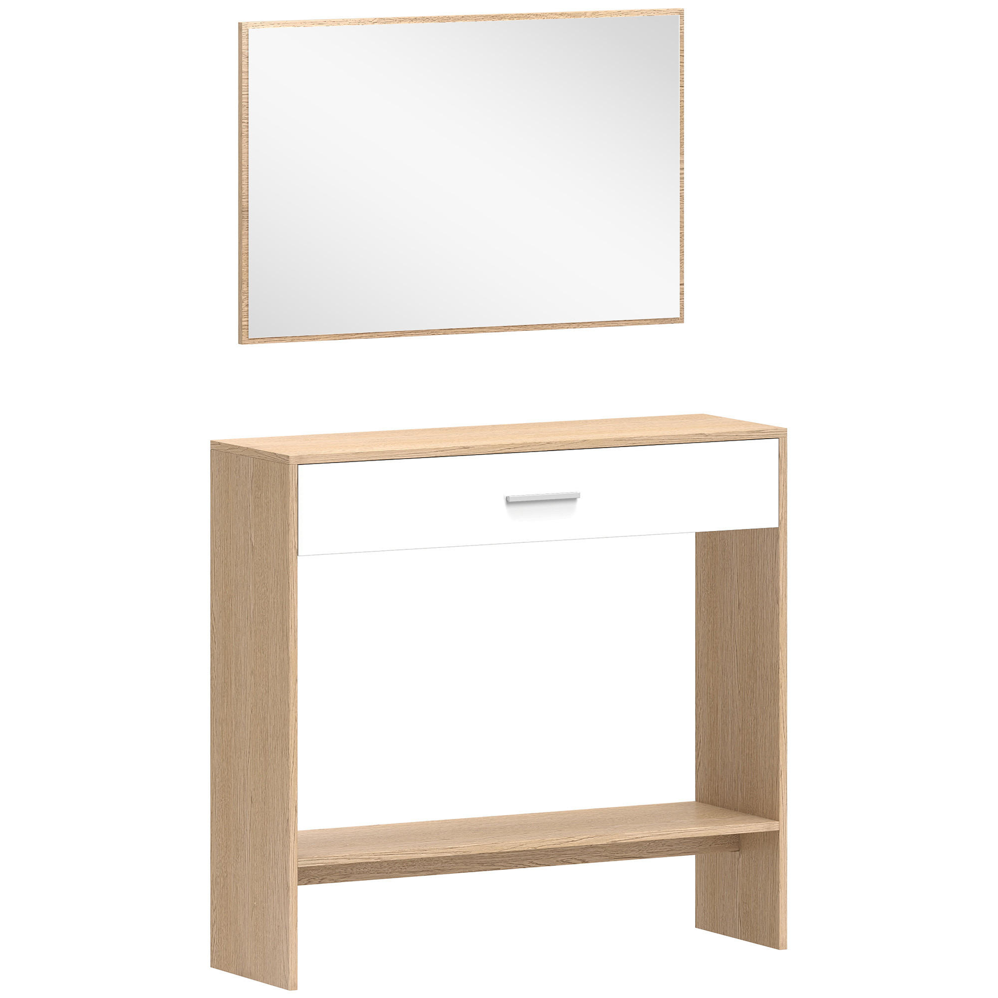KONSOLENTISCH-SET DE-37254 mit Schublade, Regal und Spiegel Eiche/Weiß - Naturfarben, Holzwerkstoff (91.5/27.9/85cm) - ComfortXL