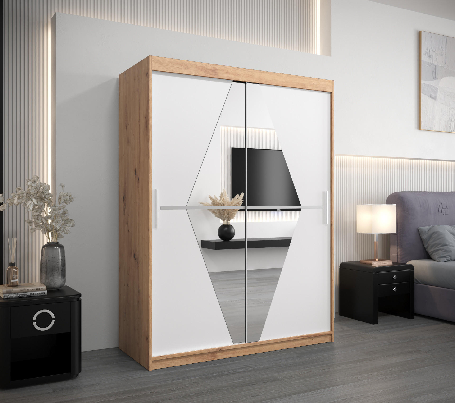 Thumbnail - Abiks Möbel Schwebetürenschrank, Eiche Artisan, Weiß, Kunststoff, Nachbildung,Eiche, 5 Fächer, 150x200x62 cm, Schlafzimm...