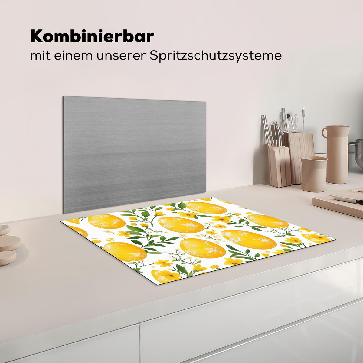 HERDABDECKPLATTE Blumen - Ostereier - Gelb Herdabdeckung Induktionsfeld 65x52 cm - Gelb, Kunststoff (65/52/0.2cm) - MuchoWow
