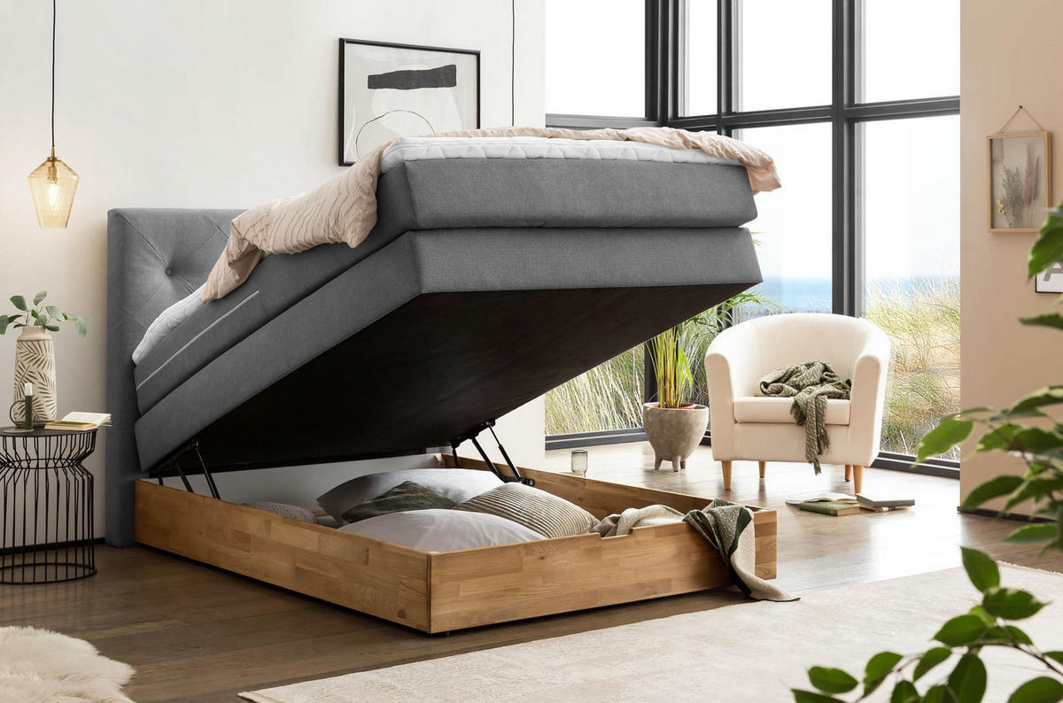 BOXSPRINGBETT MARBO 140x200 Anthrazit H2 und H3 mit Bettkasten 7-Zonen Taschenfederkern Matratze inkl. Visco Topper und Eiche - Anthrazit, Textil (140/200cm) - Belanoti