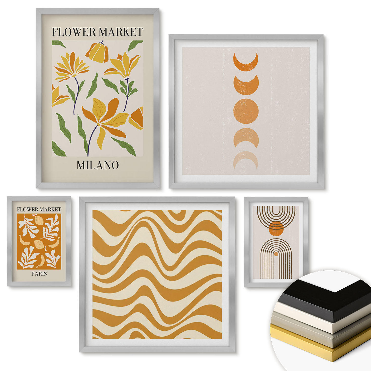 WANDBILDER 5er Set - 50x50 cm & 20x30 cm & 40x60 cm Silberner Rahmen - Geometrische Pflanzenmuster - Silberfarben, Kunststoff (40/60cm) - ArtPrintCave