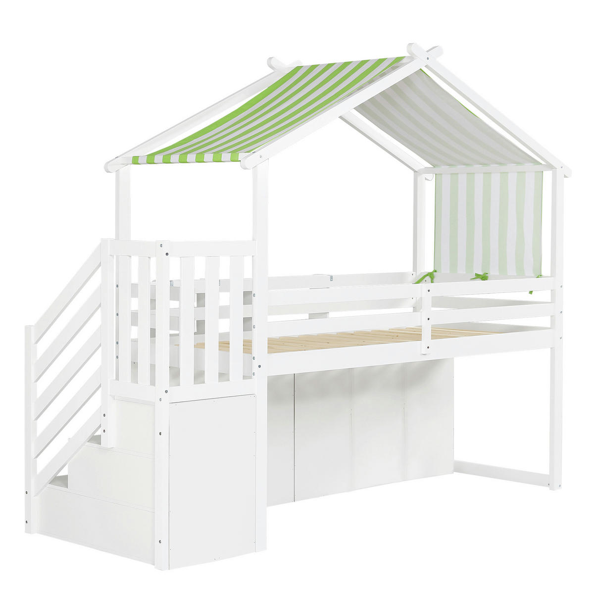 ETAGENBETT aus Kiefer und MDF 90x200 cm Weiß/Grün mit Stauraumtreppe, Schrank, Fallschutz und Dachdesign - Weiß, Holzwerkstoff (90/200cm) - Modfu