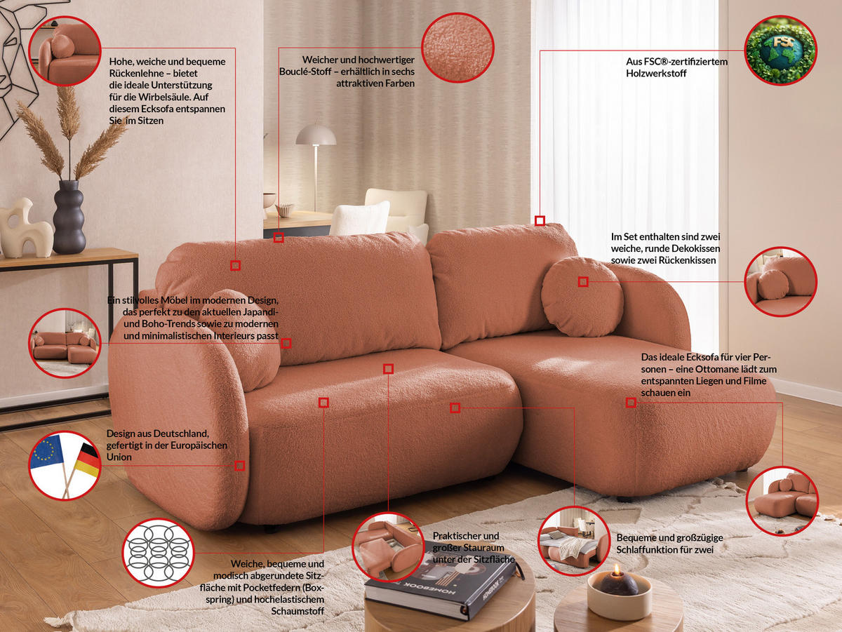 ECKSOFA Candy mit Schlaffunktion Terrakotta Bouclé-Stoff - Ottomane rechts - Terra cotta/Schwarz, Holz/Kunststoff (146/230cm) - S-Style Möbel