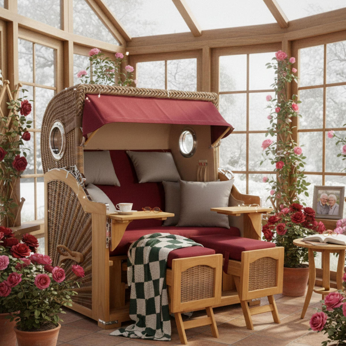 STRANDKORB XXL Düne Grande Teak Banana - Rot/Braun, Metall (142/170/95cm) - Mr. Deko