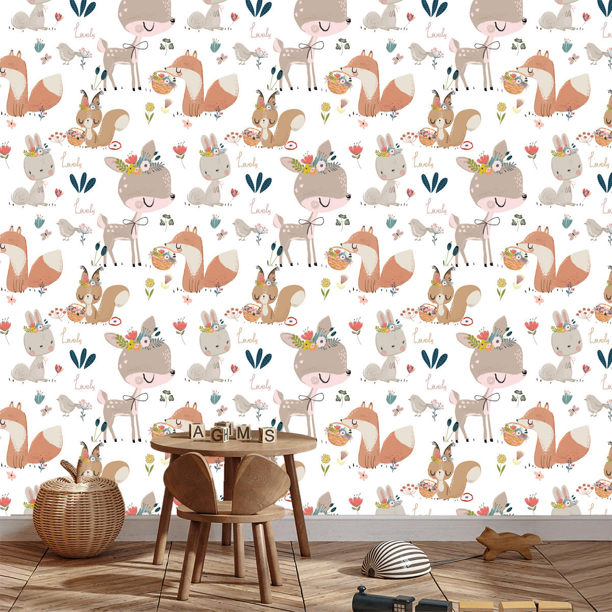 VLIESTAPETE Waldtiere und Blumen – Braun, Rosa, Grün, Weiß – 50x1000 cm - Braun/Rosa, Papier (50/1000cm) - Muralo