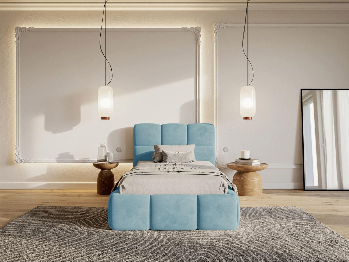 POLSTERBETT Cloudy Hellblau Samt, Bettkasten & Lattenrost, 90x200 cm - Schwarz/Hellblau, Kunststoff/Textil (90/200cm) - Selsey