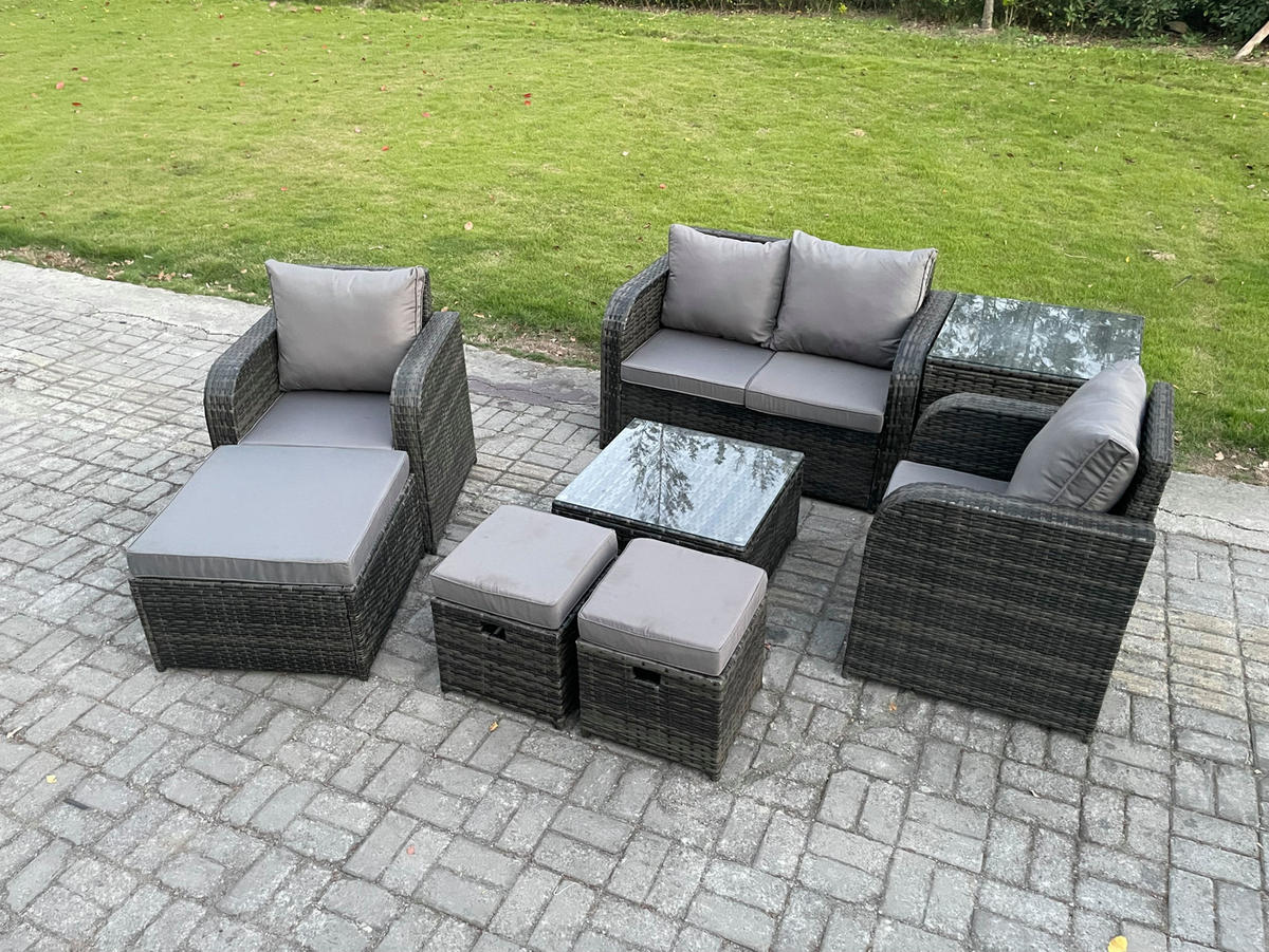 LOUNGESOFA-SET Polyrattan Dunkelgrau 7-Sitzer - Dunkelgrau, Metall - Fimous