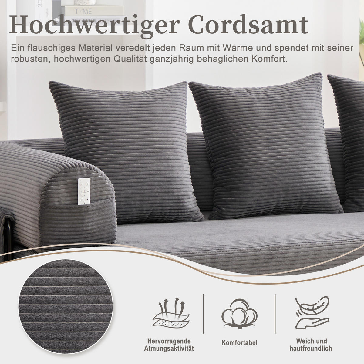 SCHLAFSOFA 200/94/67 cm Dunkelgrau mit Seitentaschen plus und 3 Kissen - Dunkelgrau, Textil (200/67/94cm) - Oxeza