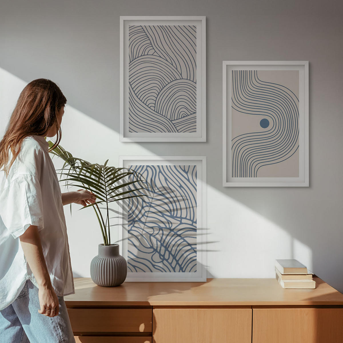 BILDER SET 3er Set - 40x60 cm Weißer Rahmen - Abstrakte Linien, Wellenformen - Weiß, Kunststoff (40/60cm) - TULUP