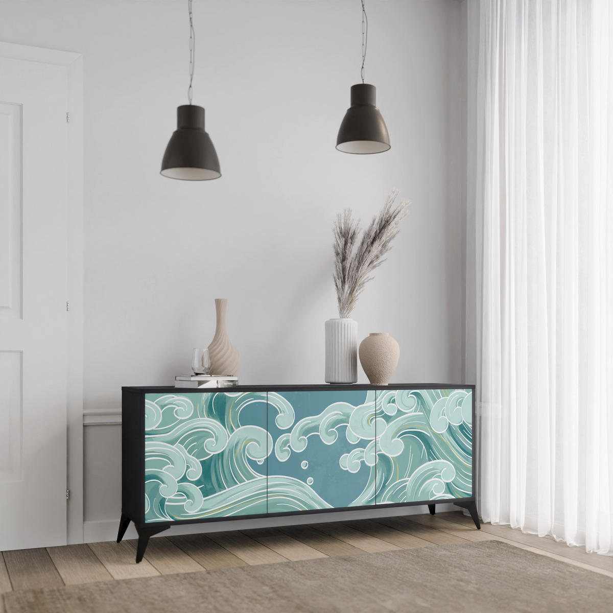 SIDEBOARD ASIAN SWAY, Eicheneffekt, 164,5x42x77,5 cm, 3 Türen - Eichefarben/Buchefarben, Holzwerkstoff/Buchenholz (164.5/77.5/42cm) - SpaceRebels