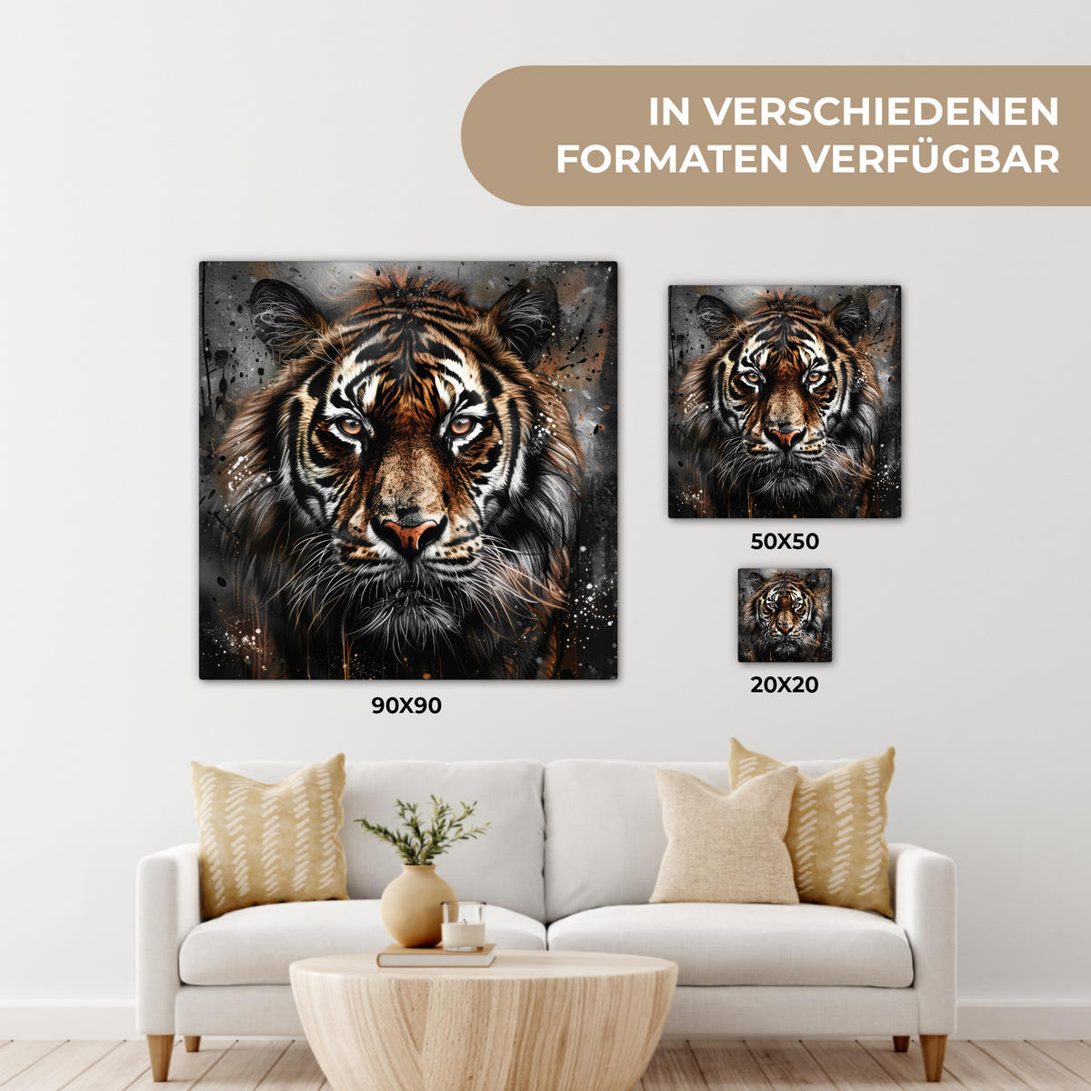 LEINWANDBILD Tiger - Tiere - Porträt - Luxus - Schwarz 90x90 cm - Anthrazit, Textil (90/90cm) - MuchoWow