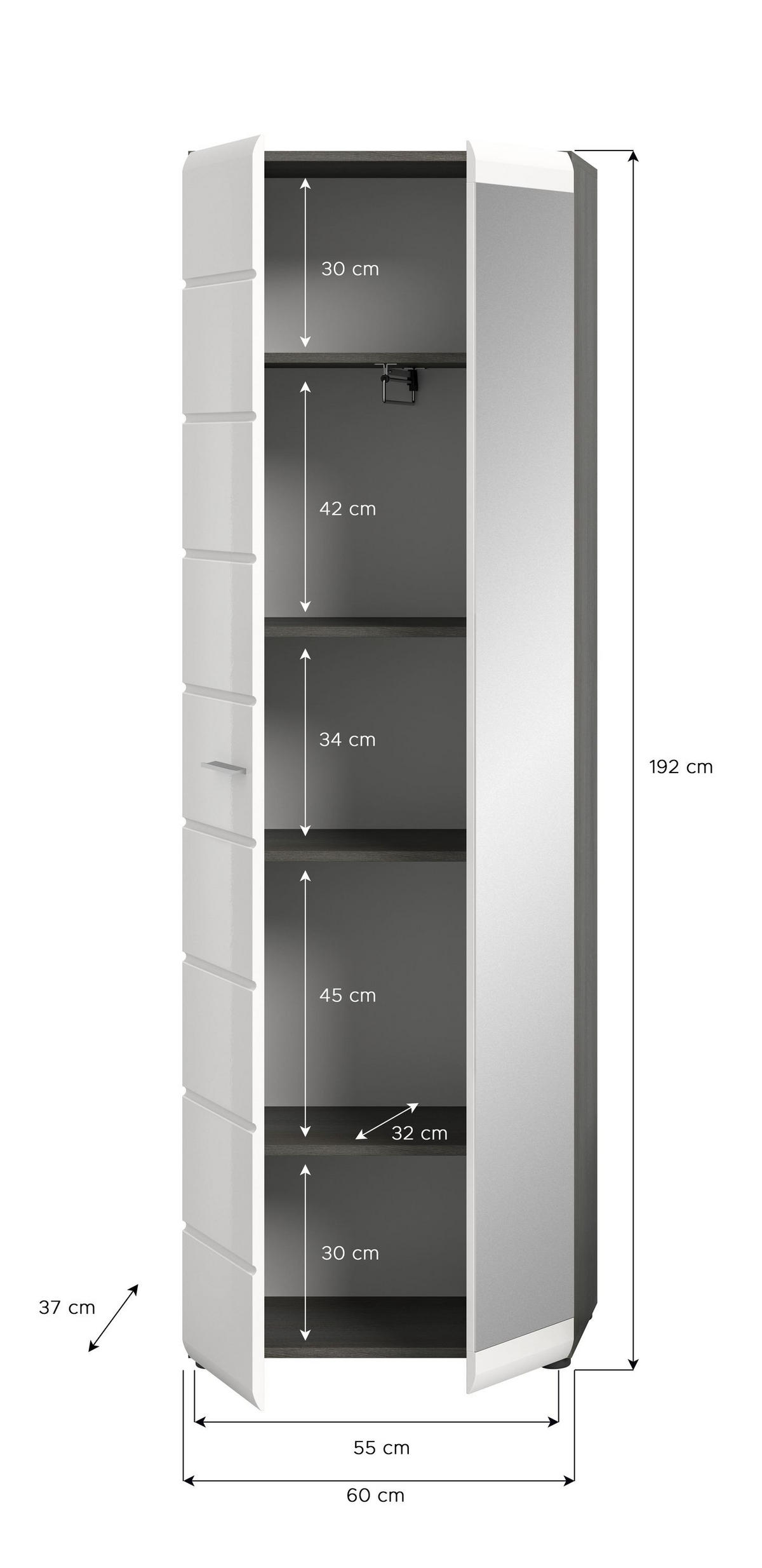 GARDEROBENSCHRANK SALSA (B/H/T: ca. 60/192/37 cm) in Rauchsilber Nachbildung/weiß hochglanz - Silberfarben, Holzwerkstoff (60/192/37cm)