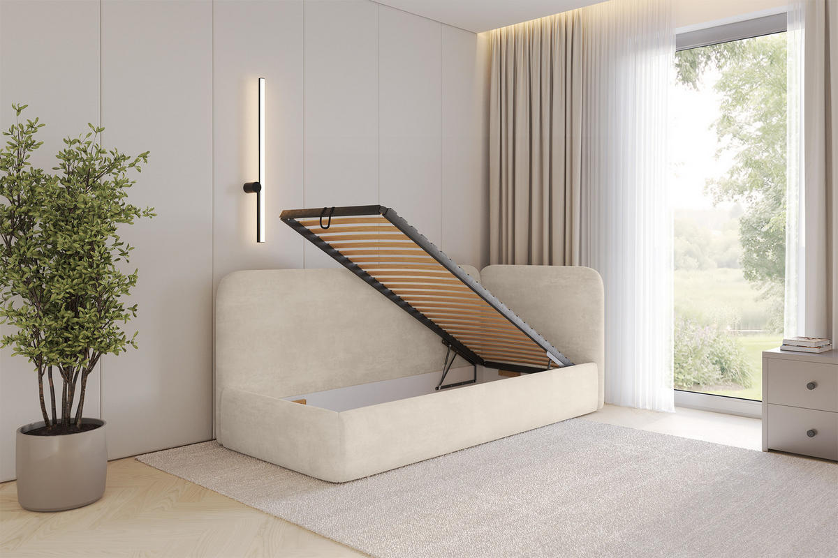 EINZELLBETT Jugendbett mit Bettkasten und Matratze H3/H4, Links - ELSY 100x200 Beige - Beige, Holzwerkstoff/Textil (100/200cm) - ALTDECOR
