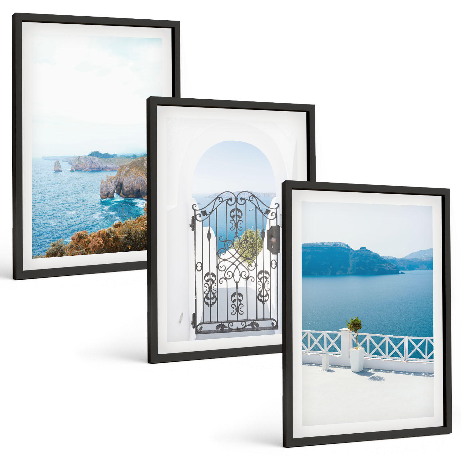 BILDER SET 3er Set - 40x60 cm Schwarzer Rahmen - Meeresarchitektur Griechenlands - Schwarz, Kunststoff (40/60cm) - TULUP