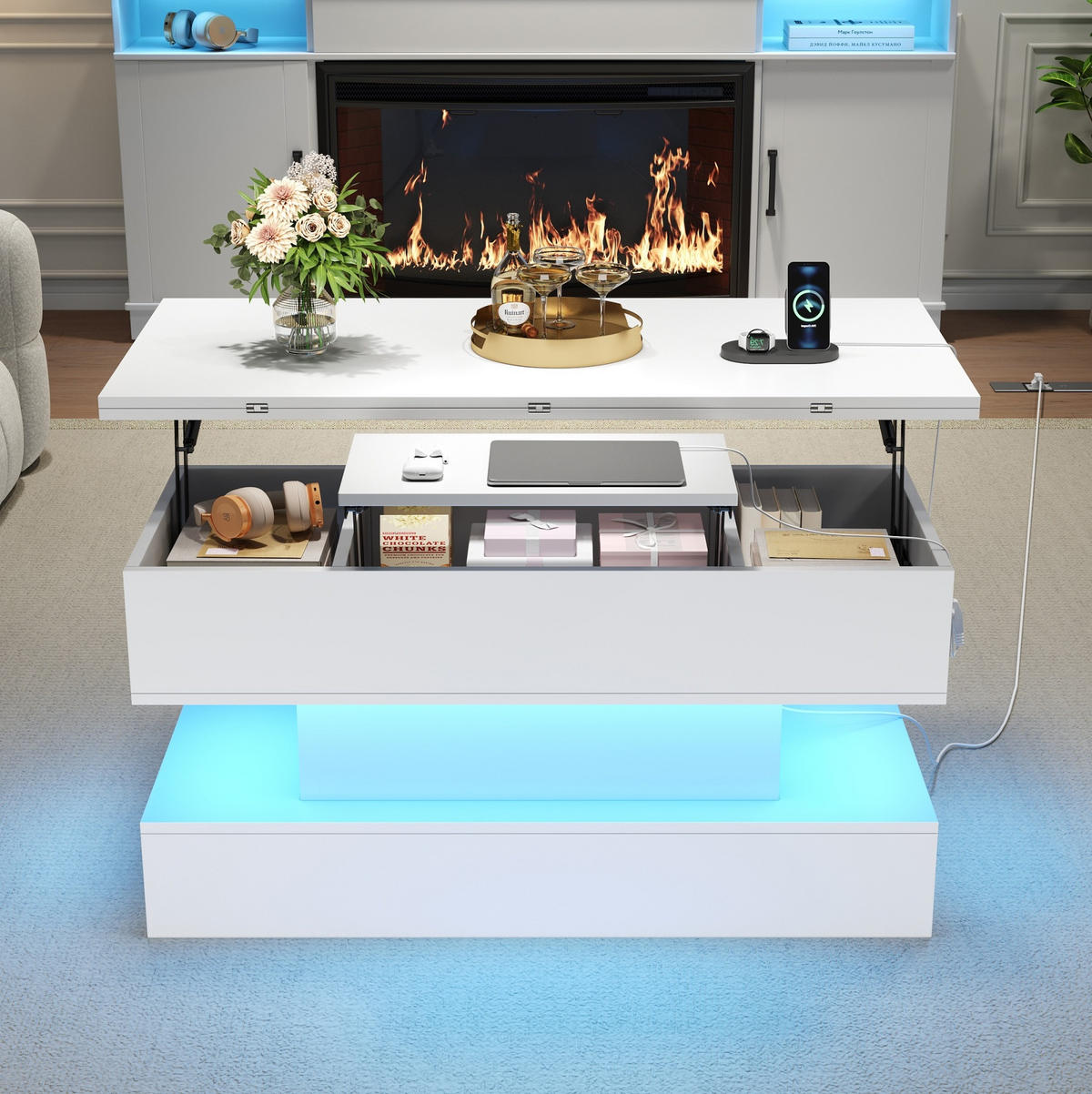COUCHTISCH aus Spanplatte 100x50x51,5 cm in Weiß mit LED & Steckdose - Weiß, Holzwerkstoff (100/50/51.5cm) - Modfu