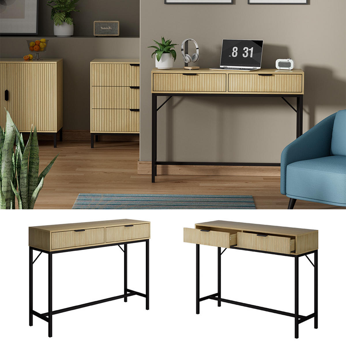 SCHREIBTISCH Lennox Eiche 100 x 30 cm mit 2 Schubladen - Eichefarben/Schwarz, Holzwerkstoff (30/100/75cm) - Vicco