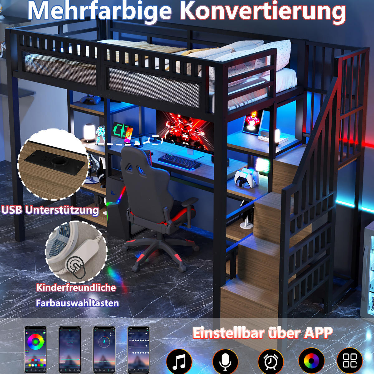 HOCHBETT 90/200 cm mit Schreibtisch, LED-Lichtleiste, USB-Anschluss und Stauraumleiter, Metall/MDF, Schwarz - Schwarz, Metall (90/200cm) - Redom
