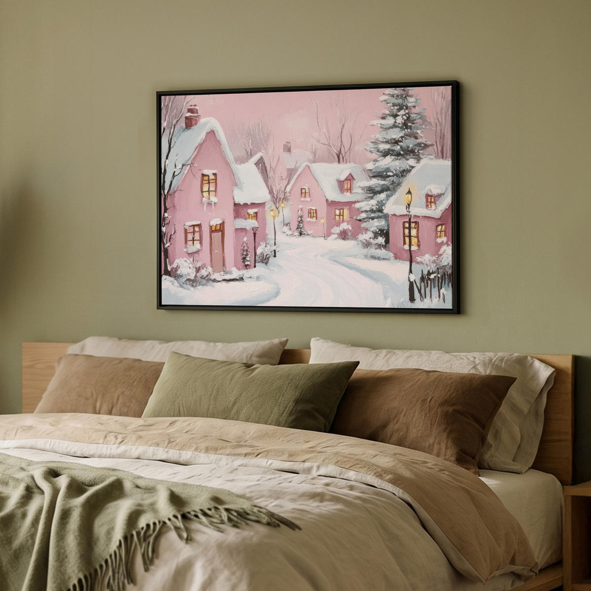 LEINWAND Bilder mit Rahmen - Weihnachtsdorf - Rosa - Winter - Schnee - Häuser - 70x50 - Altrosa, Textil (70/50cm) - MuchoWow