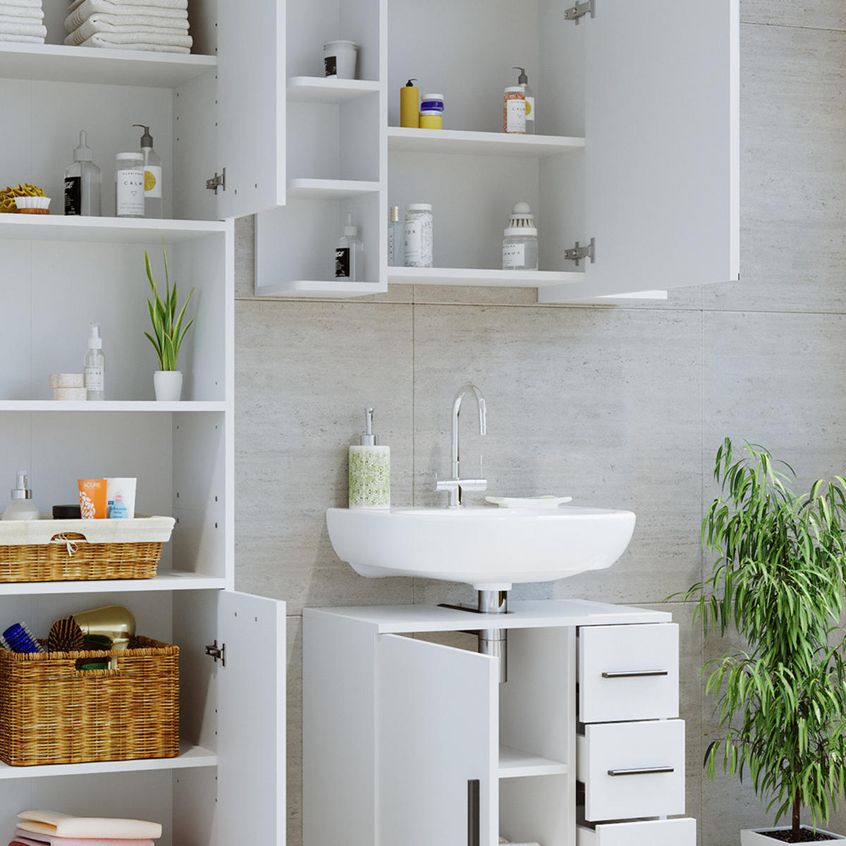 BADMÖBEL-SET Maris Weiß 2 Teile mit Hochschrank und Bad Spiegelschrank - Weiß, Holzwerkstoff (60/60/33cm) - Vicco