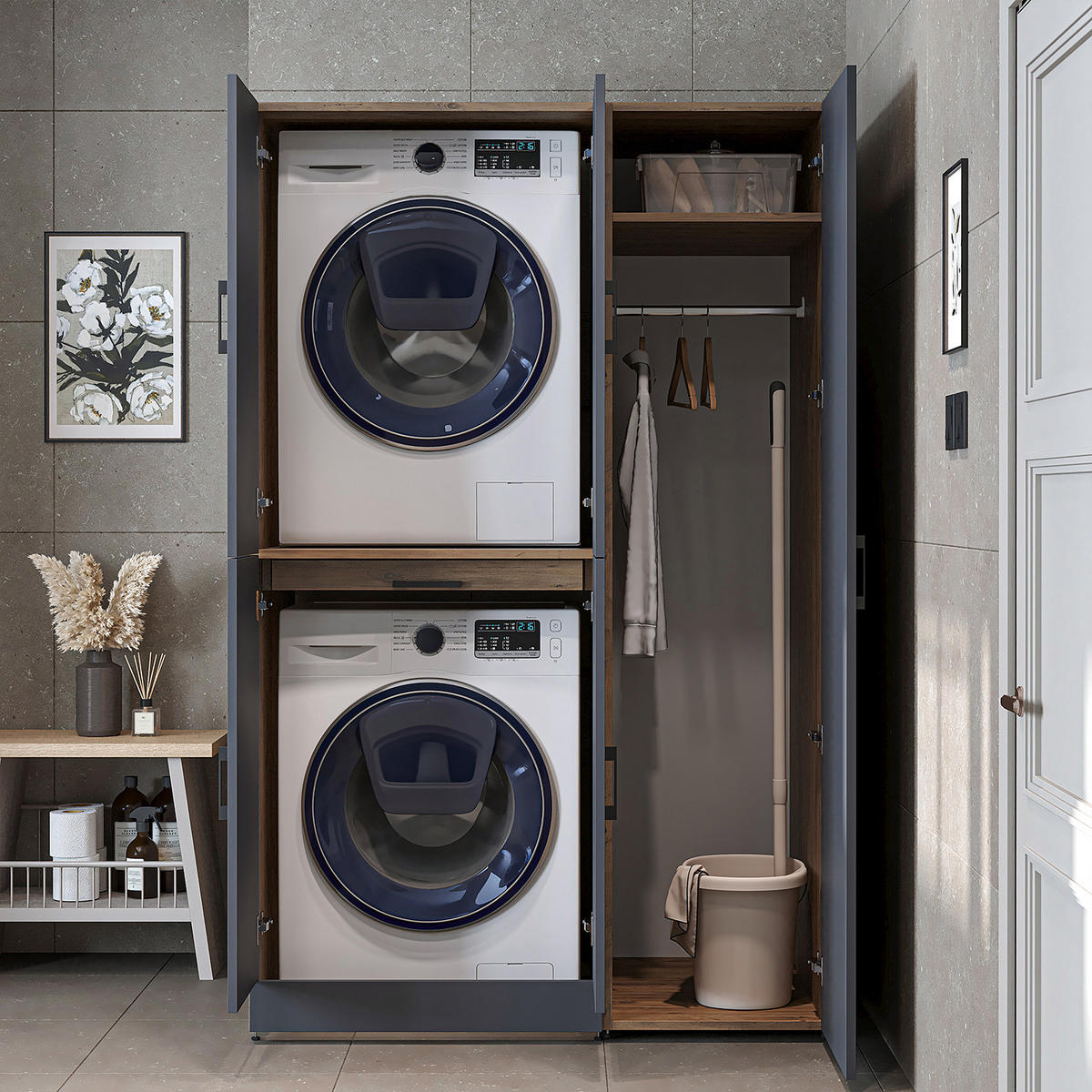 WASCHMASCHINENSCHRANK DORA-I 115cm Breit, 186cm Hoch - Anthrazit, Holzwerkstoff (115/186/73.8cm)