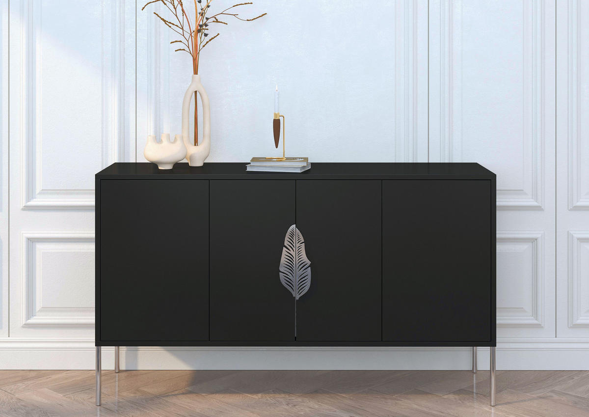 SIDEBOARD Merlin, Schwarz, Silberne Details - Silberfarben/Schwarz, Holzwerkstoff/Metall (138/79/40cm) - Skandica