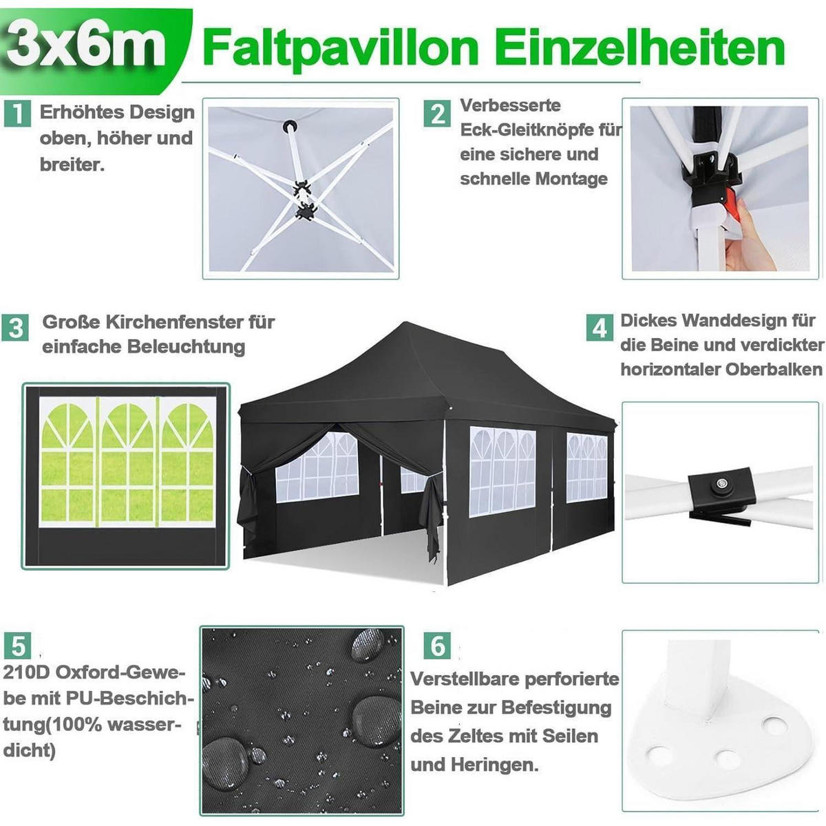 FALTPAVILLON 3x6m Wasserdicht Stabil Schwarz - Schwarz, Textil (299.7/294.6/599.4cm)