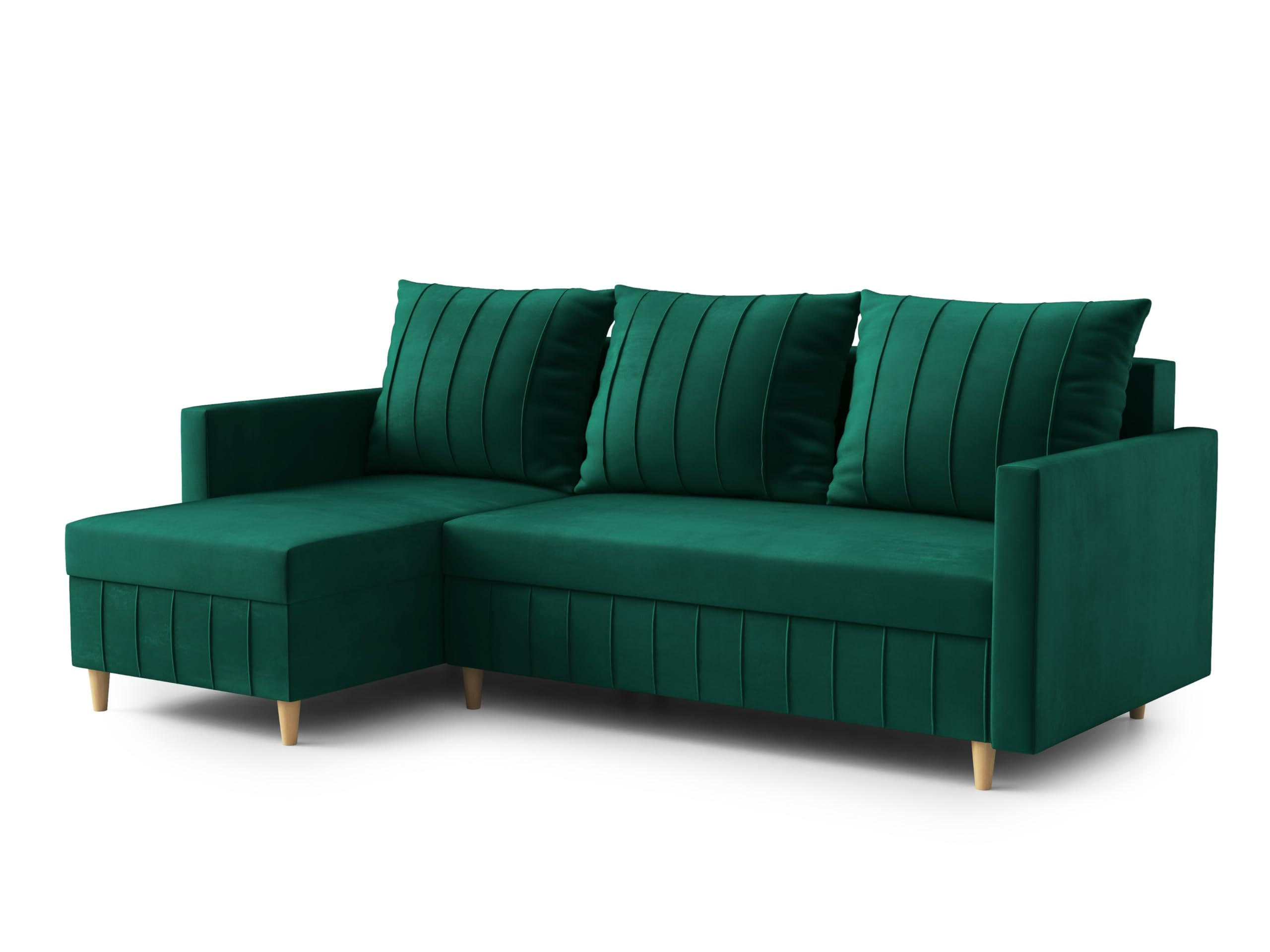 ECKSOFA FOX L-förmig Modernes Verstellbare Kopfstützen Luxuriöser Velours Schlaffunktion lose Rückenkissen freistehend LINKS 146x224x98 cm Green - Grün, Holz/Textil (146/224cm) - DomoHome