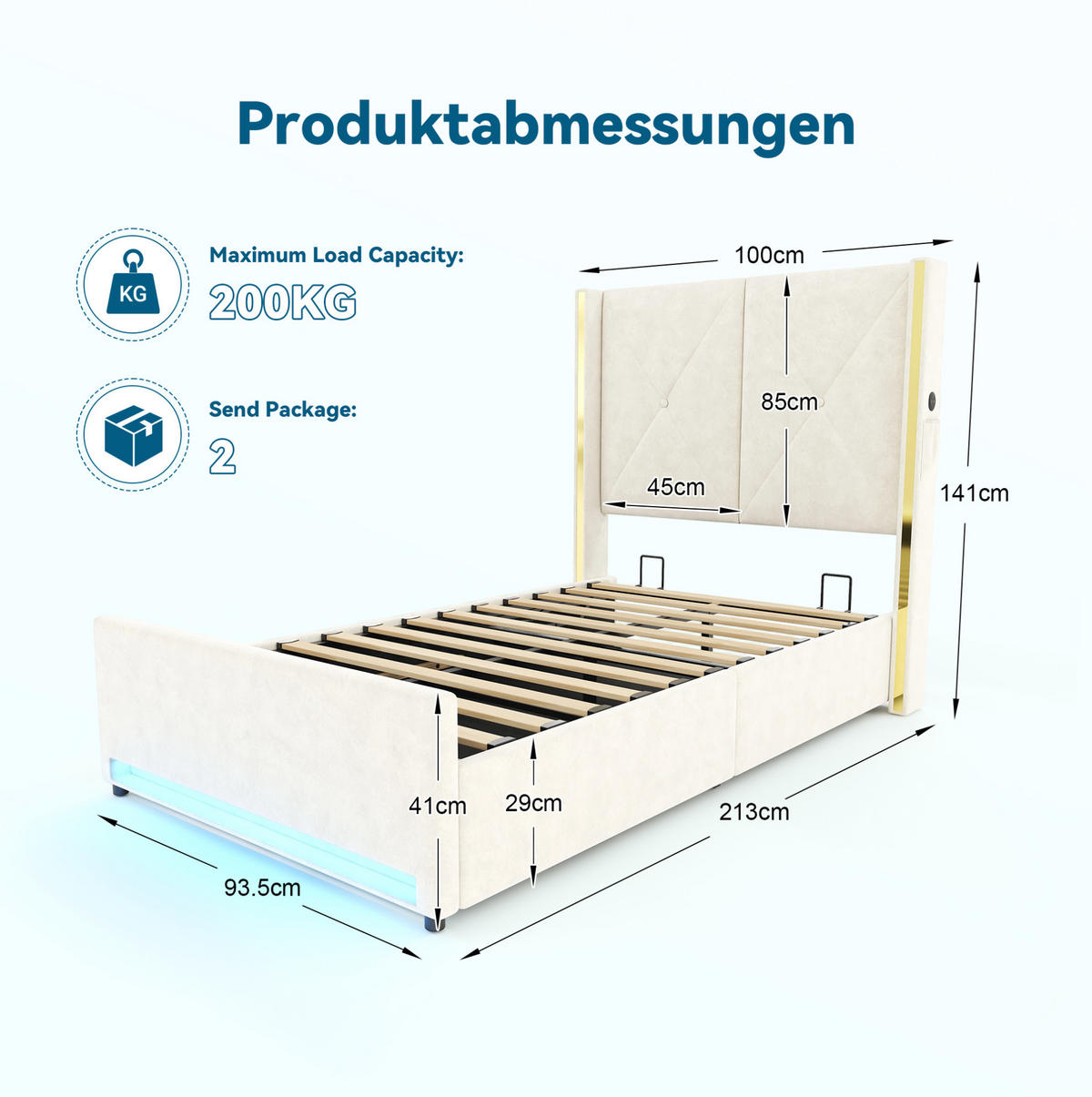 POLSTERBETT 90x200 cm in Beige mit Stauraum, LED und USB-/Type-C-Anschlüssen - Beige, Textil (90/200cm) - IVMEU