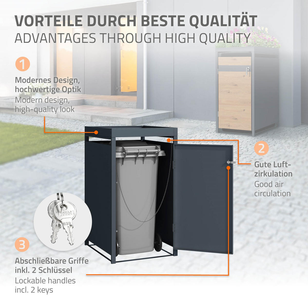 MÜLLTONNENBOX 1er mit Pflanzdach Anthrazit-Eichenoptik - Braun, Metall (80/124/68cm) - ML-DESIGN