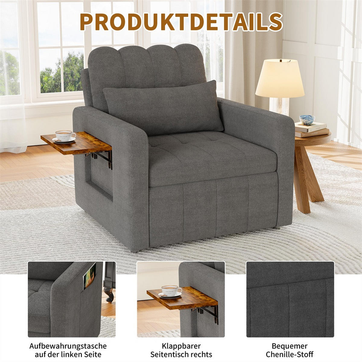 SCHLAFSESSEL mit klappbarem Ablagetisch und Seitentasche - Grau - Grau, Textil (85/86/108cm) - DELFA