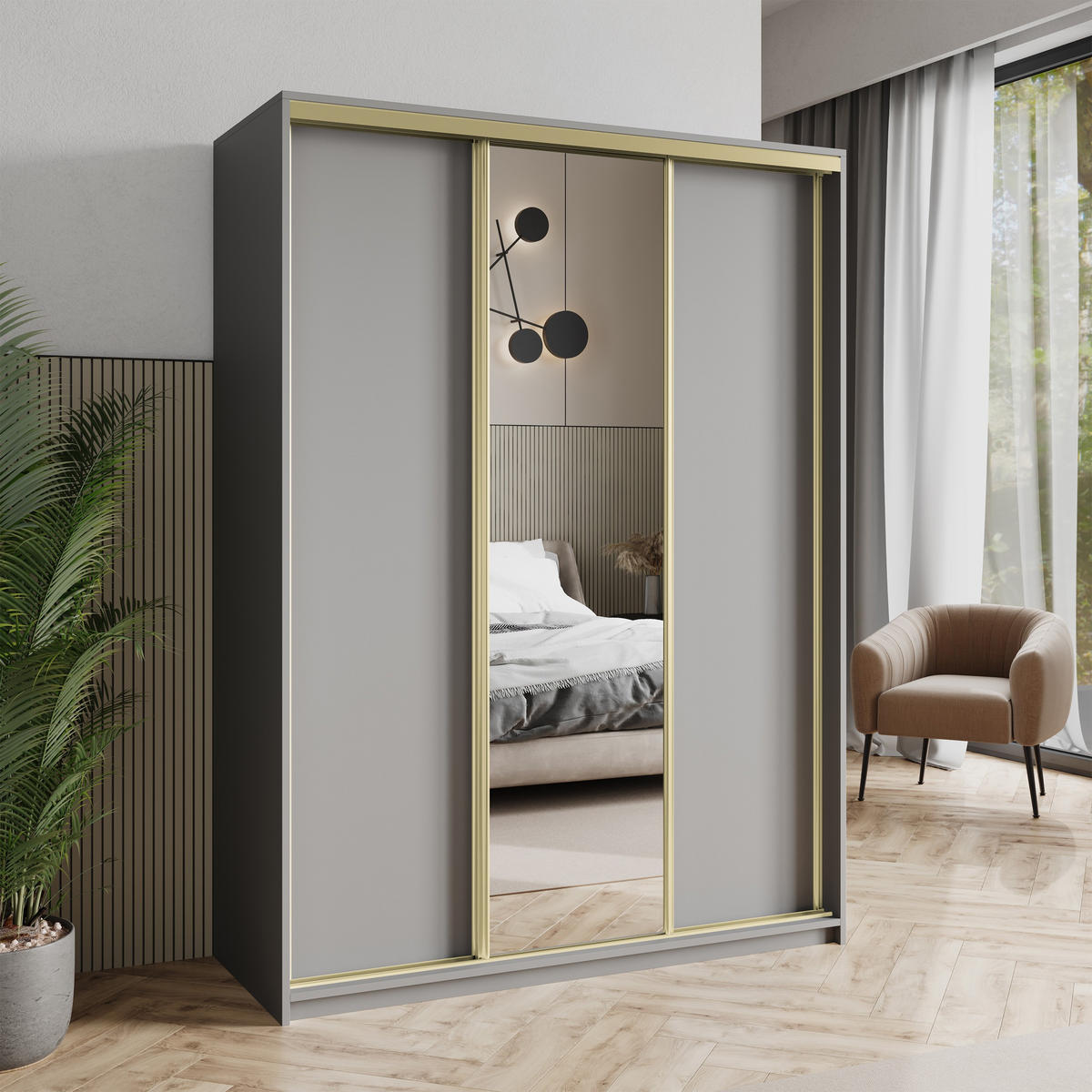 SCHWEBETÜRENSCHRANK TAVI 150/205/60 cm 3-türig mit Spiegel Graphitfarben - Graphitfarben, Holzwerkstoff (150/205/60cm) - MASSENO