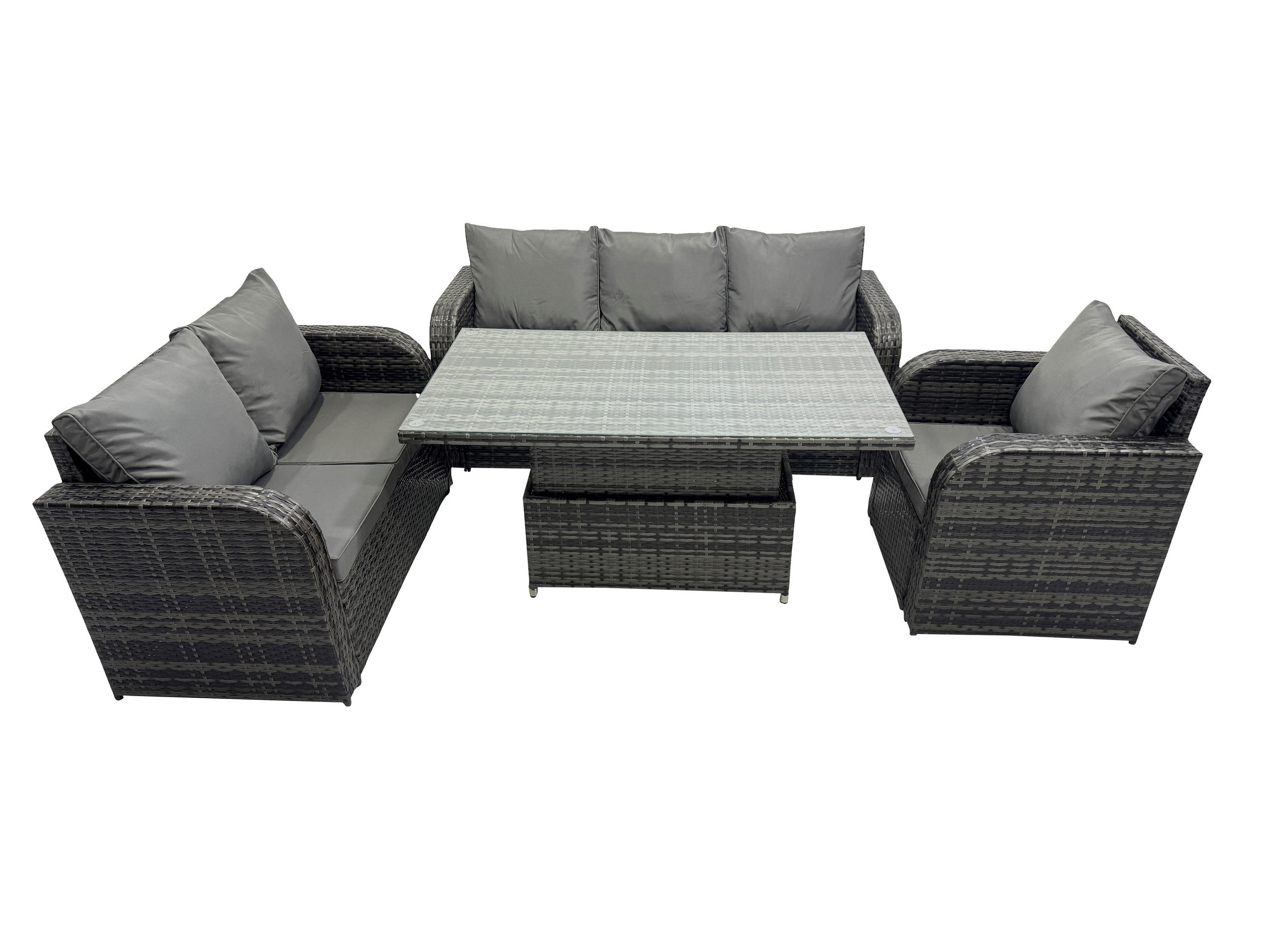 GARTENMÖBEL SET mit 3-Sitzer Sofa, Stuhl Höhenverstellbarer Esstisch 6-Sitzer Grau - Dunkelgrau/Grau, Glas/Kunststoff - Fimous