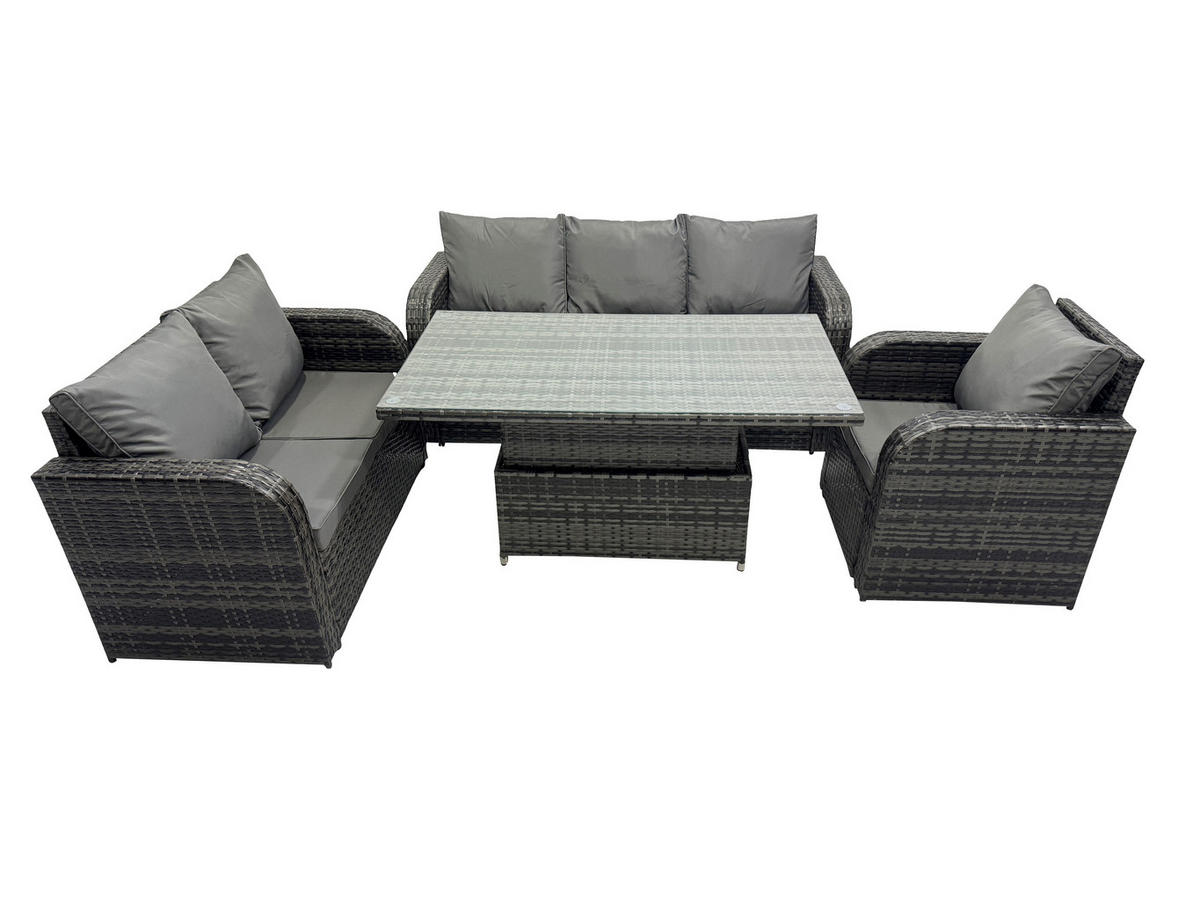 GARTENMÖBEL SET mit 3-Sitzer Sofa, Stuhl Höhenverstellbarer Esstisch 6-Sitzer Grau - Dunkelgrau/Grau, Glas/Kunststoff - Fimous