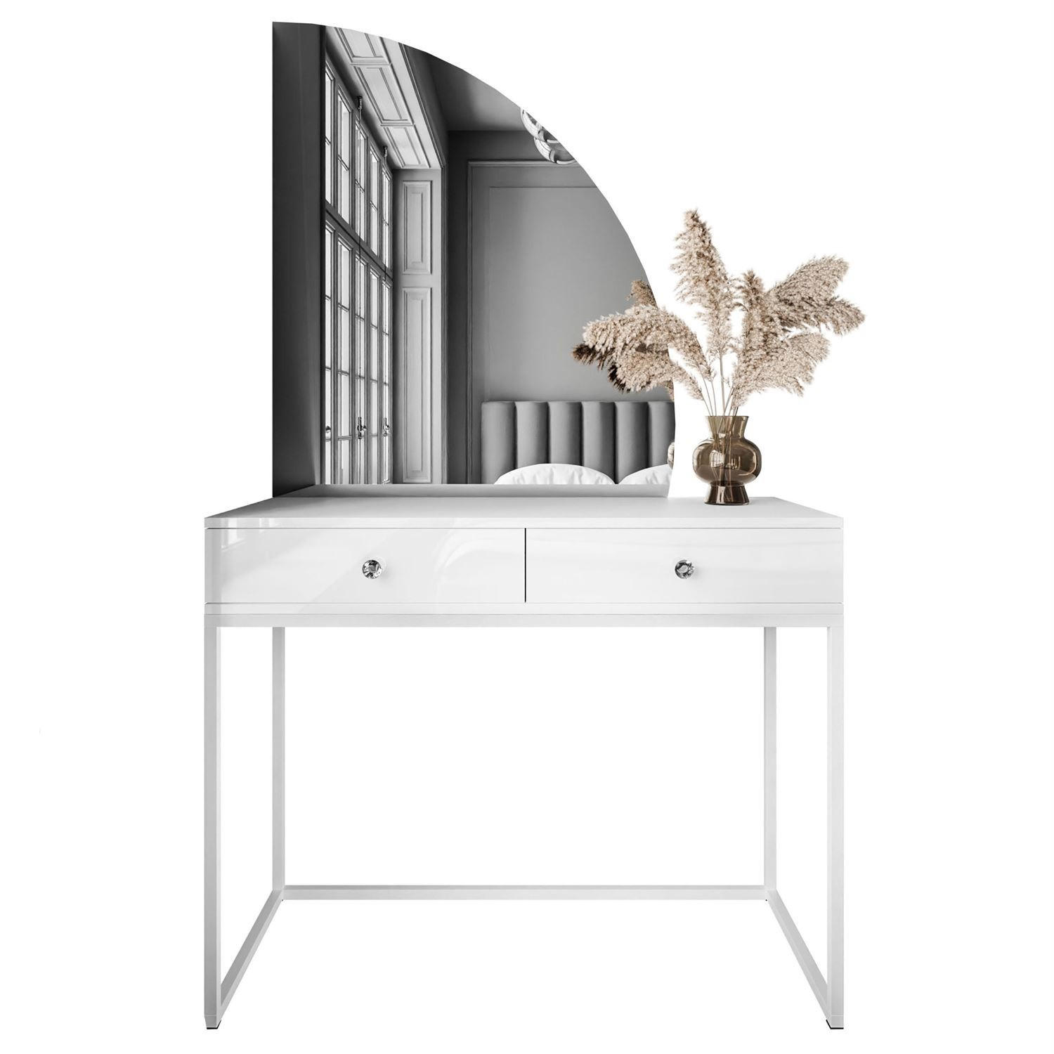 SCHMINKTISCH weiß QUINNIE mit LED-Spiegel rechts Griff Kristall - Weiß Hochglanz/Weiß, Holzwerkstoff (100/176/42cm) - Lookway