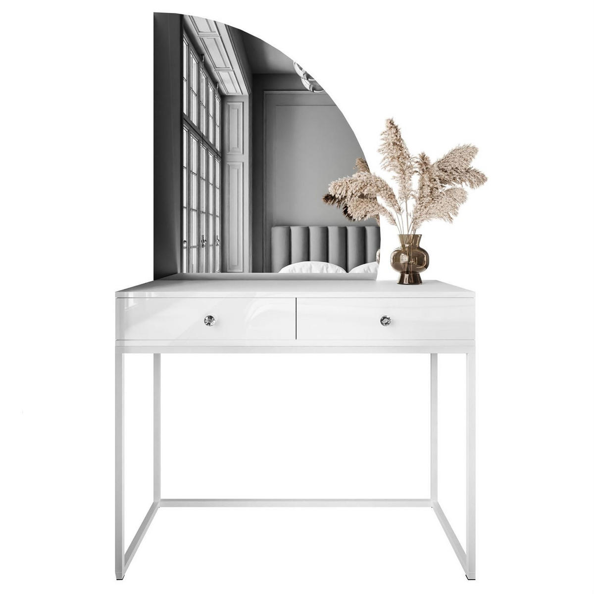 SCHMINKTISCH weiß QUINNIE mit LED-Spiegel rechts Griff Kristall - Weiß Hochglanz/Weiß, Holzwerkstoff (100/176/42cm) - Lookway