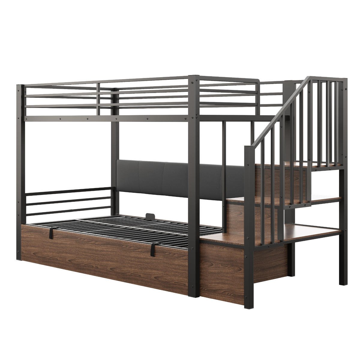HOCHBETT 90/200 cm mit hydraulischem Bettkasten, PU-Rückenlehne und Stauraumtreppe, Schwarz - Schwarz, Kunststoff (90/200cm) - Redom