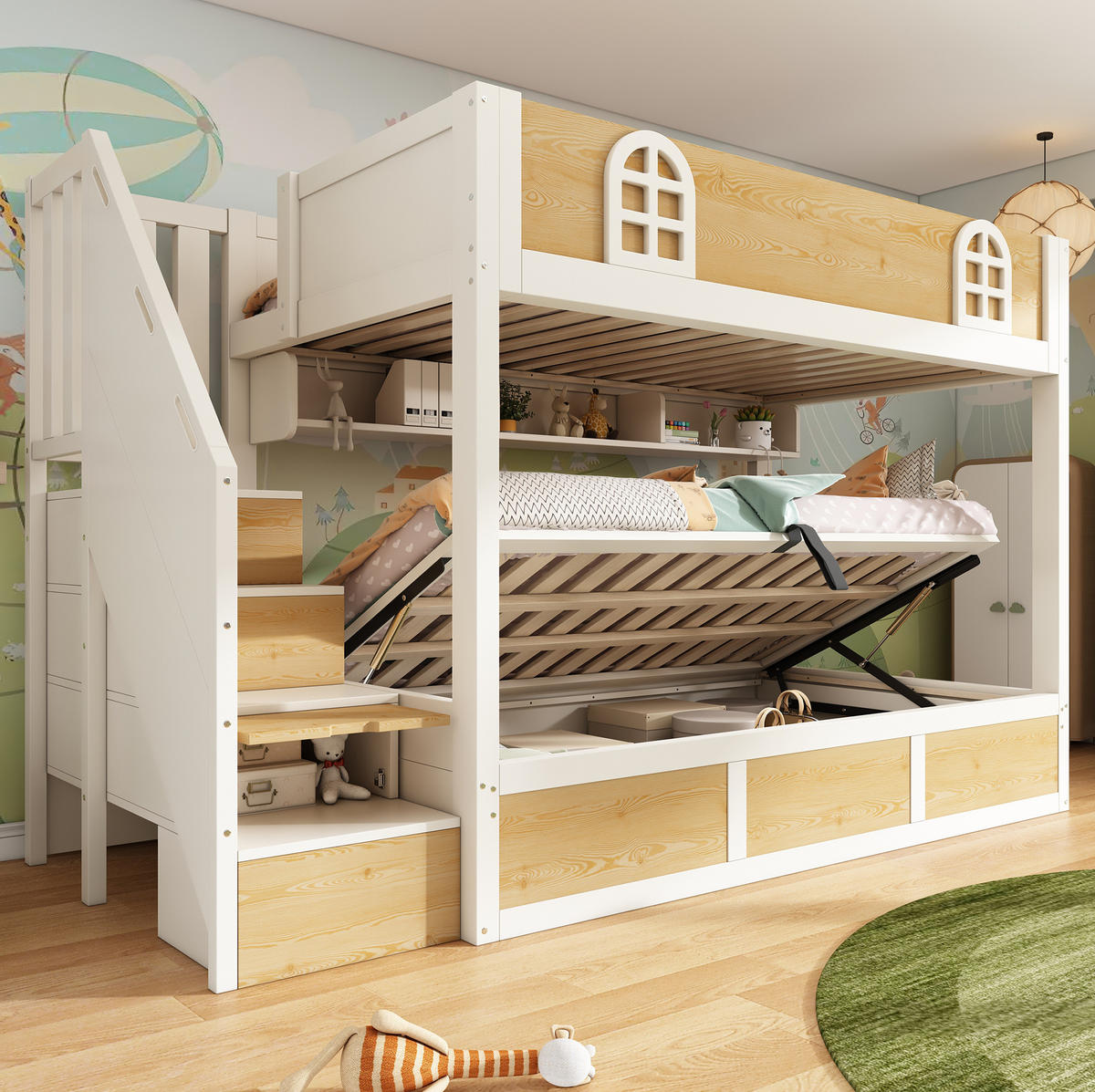 ETAGENBETT aus Holz und Metall 90x200 cm Weiß/Natur mit Treppenschrank, Bettkasten und Sicherheitsgeländer - Naturfarben, Holzwerkstoff (90/200cm) - Modfu