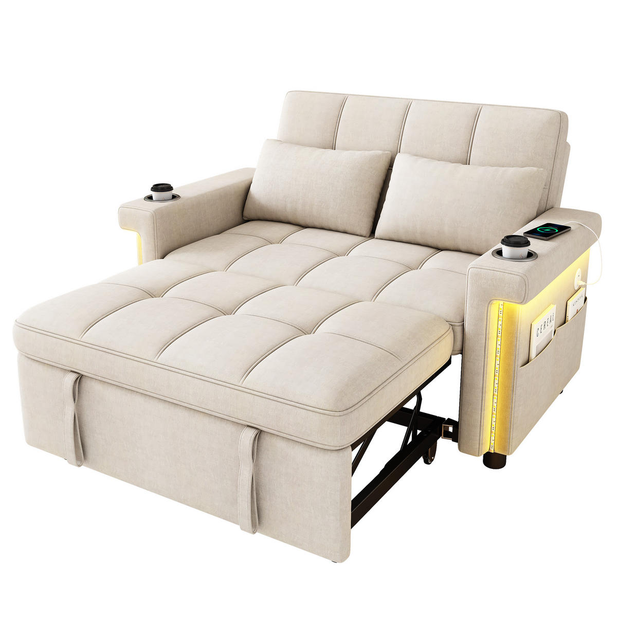 SCHLAFSOFA 2-Sitzer, Beige, Chenille, LED, USB/Type-C - Beige, Textil (141.5/90/145cm)