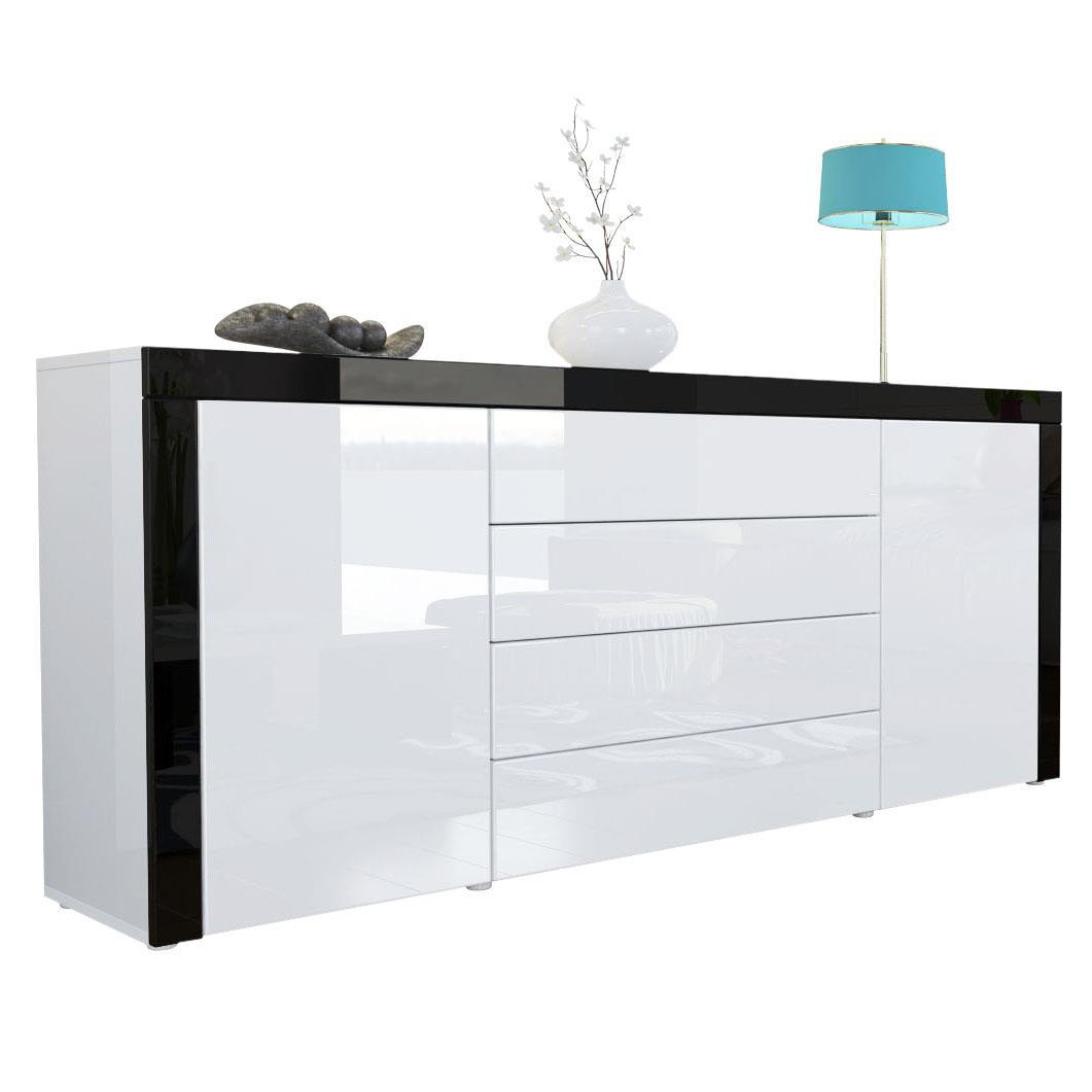 Vladon Sideboard Weiß Hochglanz, Schwarz 167x72x35 cm