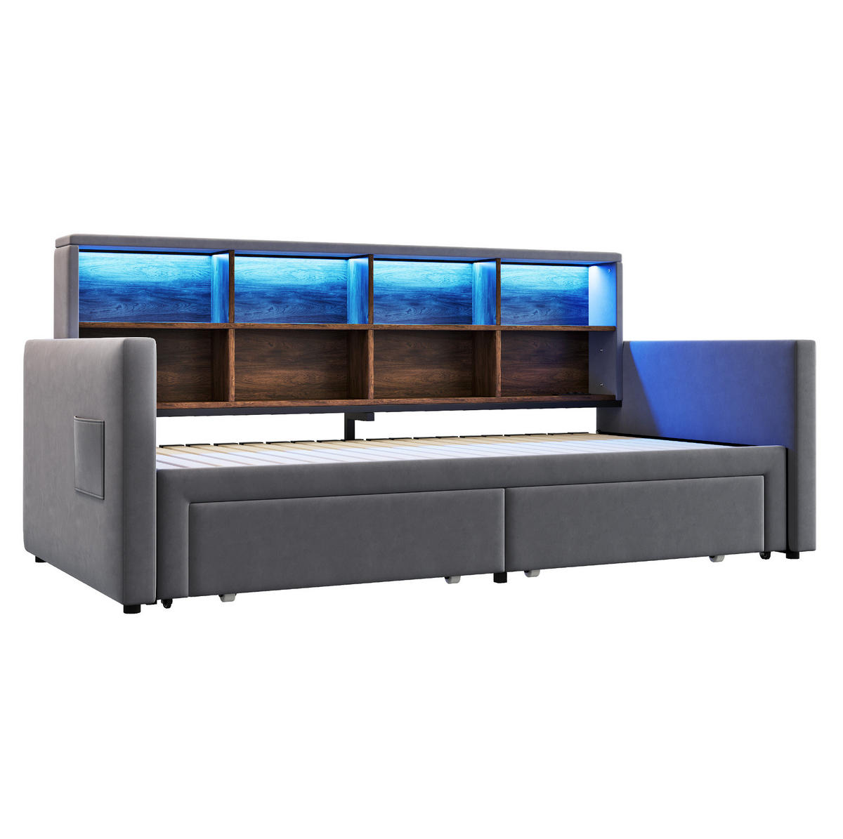 POLSTERBETT 90/190 cm aus Samt mit LED-Lichtleiste, Grau - Grau, Textil (90/190cm) - OKMYHOME
