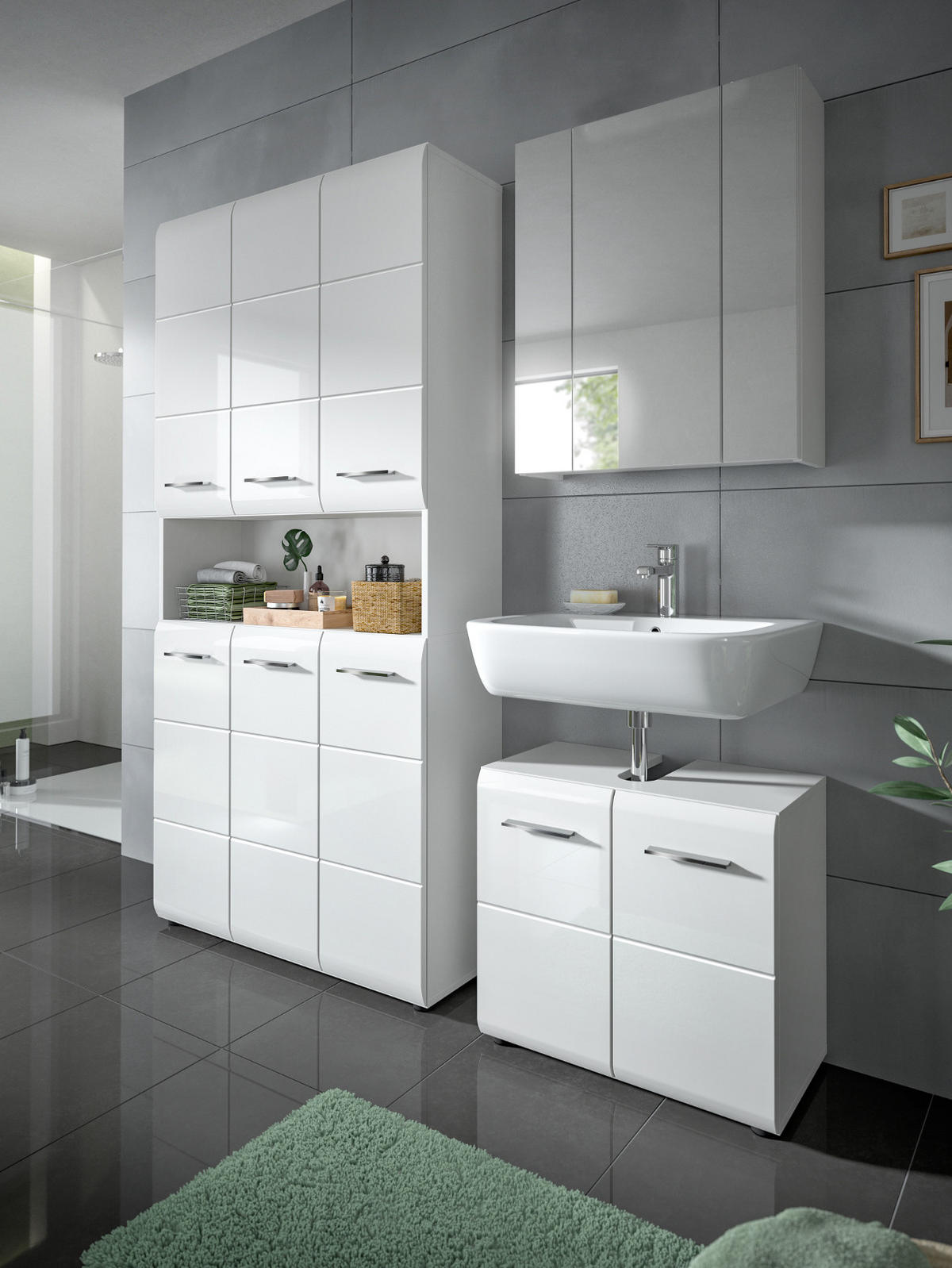 HOCHSCHRANK weiß Hochglanz, Mehrzweckschrank 90 cm mit 13 Fächern - Weiß Hochglanz/Silberfarben, Holzwerkstoff/Kunststoff (90/185/30cm) - Inn.Furn